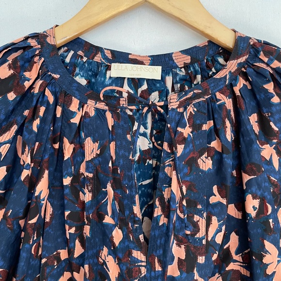 ULLA JOHNSON Size 2 Loli Pleated Printed Cotton Short Sleeve Blouse in Mirage - Picture 2 of 7